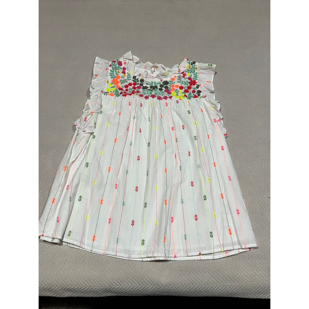 CROWN & IVY Women's L White Colorful Floral Embroidered Ruffle Cotton Top Blouse